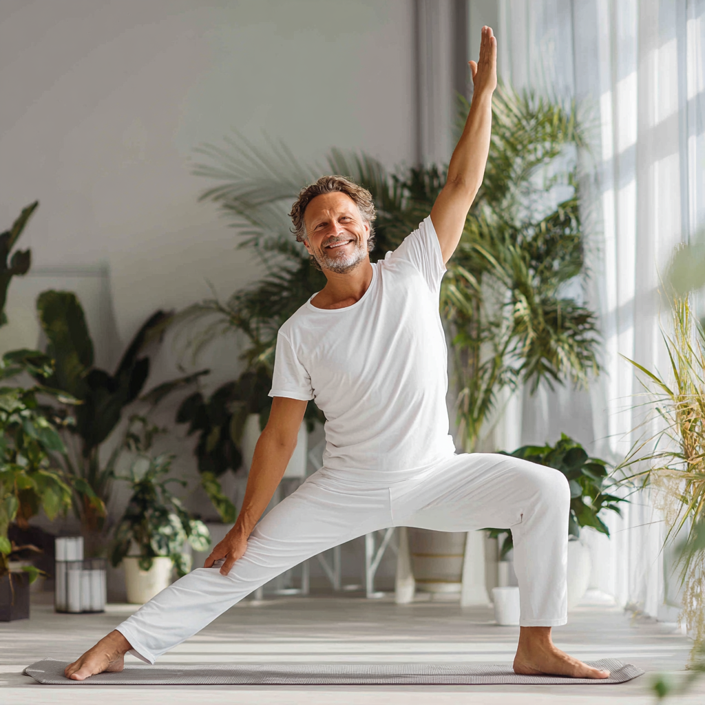 Досвідчений інструктор європейської зовнішності з усмішкою демонструє правильну техніку виконання йогівської пози учням в сучасній студії